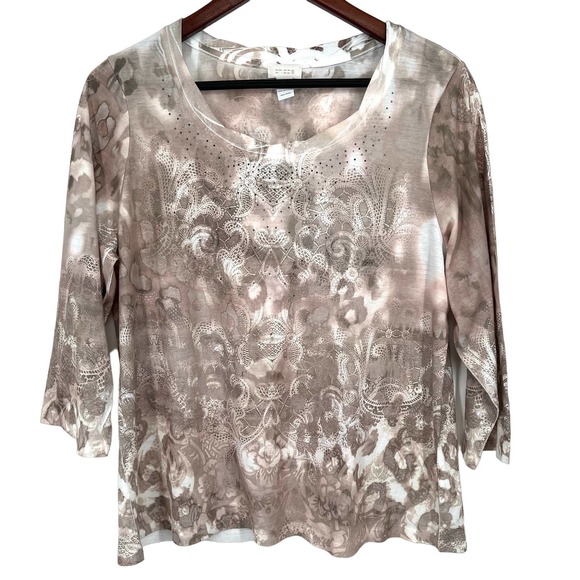 Chicos Size 2 LARGE Embellished Blouse Shirt Top 3/4 Sleeve Business Floral - Picture 1 of 7